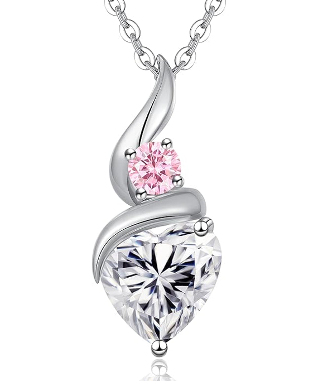 ANDSO Moissanite Heart Pendant Necklaces for Women, 925 Sterling Silver Necklace with Birthstone, Ideal Anniversary Present or Birthday Christmas Valentine Jewelry Gifts for Mom Wife Her Girlfriend