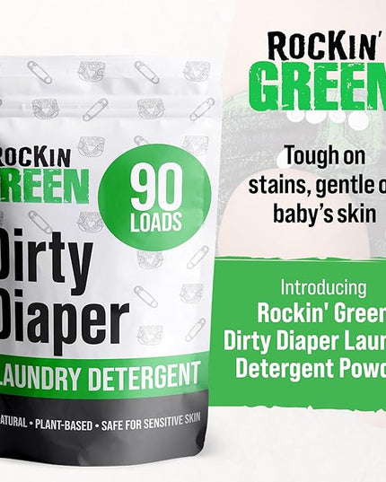 Rockin' Green Laundry Detergent, Plant based, All Natural Laundry Detergent Powder, Vegan and Biodegradable Odor Fighter, Safe for Sensitive Skin (Baby Cloth Diaper 90 Loads Unscented)
