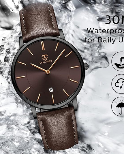 L LAVAREDO Watch for Men, Extremely Thin Mens Watches Minimalist Analog Men's Leather Wrist Watches with Time/Date, Birthday Gift for Men Boyfriend