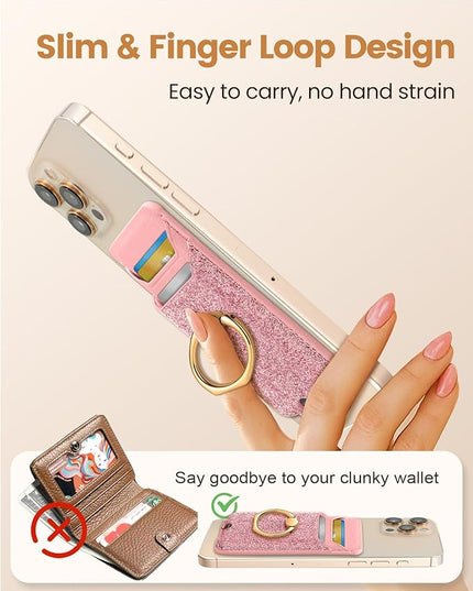 Shorogyt Compatible with Magsafe Wallet Magnetic Card Holder - Phone Wallets with Ring Grip Stand Cute Fashion for iPhone 17/16/15/14/13/12 Series for Women Girls Glitter Pk Design, Fit 3 Cards