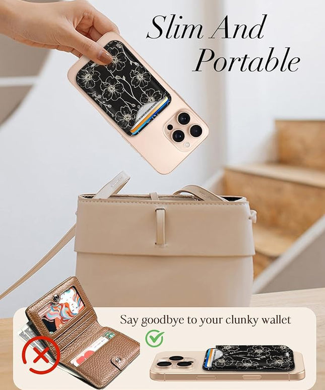 Shorogyt Compatible with Magsafe Wallet Magnetic Card Holder - Line Flower Phone Wallets for Women Teen Girls Cute for iPhone 17/16/15/14/13/12 Series Slim for Apple Mag RFID Magnet, Fit 3 Cards