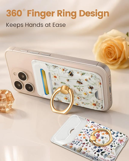 Shorogyt Compatible with Magsafe Wallet Magnetic Card Holder - Phone Wallets with Ring Grip Stand Cute Fashion for iPhone 17/16/15/14/13/12 Series for Women Girls White Bee Design, Fit 3 Cards