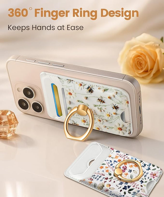 Shorogyt Compatible with Magsafe Wallet Magnetic Card Holder - Phone Wallets with Ring Grip Stand Cute Fashion for iPhone 17/16/15/14/13/12 Series for Women Girls White Bee Design, Fit 3 Cards