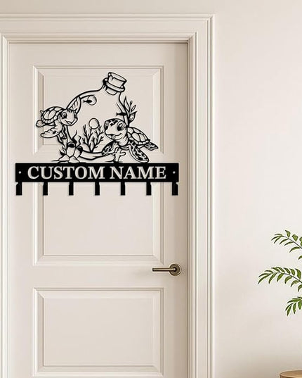 Casebrick Custom Sea Turtle Metal Wall Hooks,Key Holder-Personalized Iron Wall Decor for Keys, Coats & Home Organization (Black, Handmade,Decorative for Entryway, Beach,Bedroom,Office) (Style F)