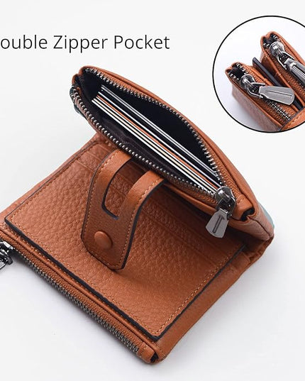 Bveyzi Small Soft Leather Wallet for Women RFID Blocking Ladies Card Holder with Double Zipper Pocket