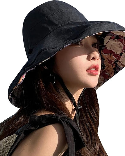 HUAMULAN Women Summer Sun Hat Wide Brim Wired Edge Floral Beach Bucket Hats Reversible Foldable Travel UV Protection Lady Hat