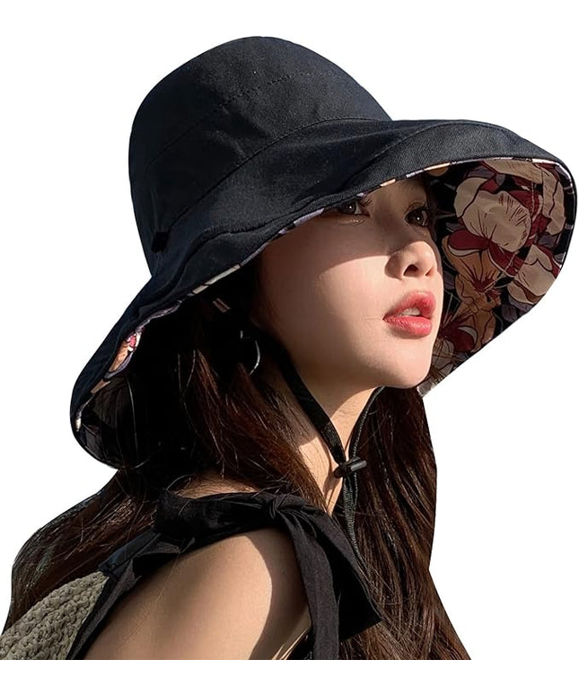 HUAMULAN Women Summer Sun Hat Wide Brim Wired Edge Floral Beach Bucket Hats Reversible Foldable Travel UV Protection Lady Hat