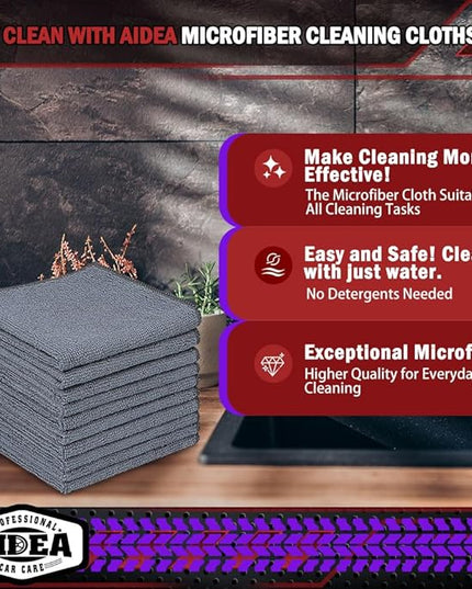 AIDEA Microfiber Cleaning Cloth Grey 10PK, Micro Fiber Cloth for Cleaning Cars, Premium All Purpose Car Towels, Dusting Cloth Cleaning Rags SUVs, House, Kitchen, Window, Workshops, 12"×12"