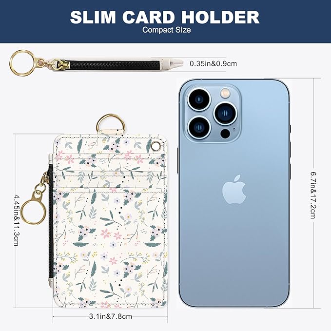 Slim Wallet Credit Card Holder, Green and pink floral print X, RFID Wallet Women Cute Small Front Pocket Wallet With Zipper, PU Leather Thin travel RFID Blocking Card Case ID Window ,Ladies Gifts