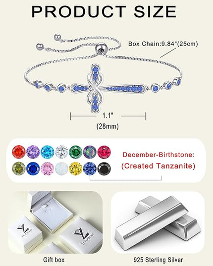 YL Cross Bracelet 925 Sterling Silver Infinity Sideways Link Bracelet Birthstone Jewelry for Women