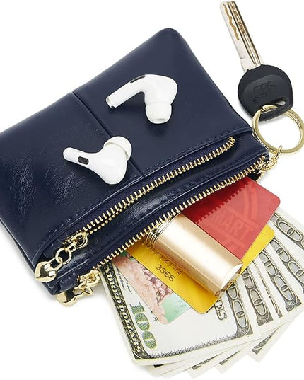 ZOOEASS Women PU Leather Zip Mini Coin Purse With Key Ring Triple Zipper Card Holder Wallet (Navy)