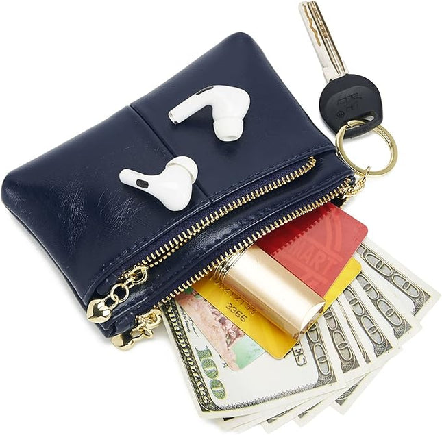 ZOOEASS Women PU Leather Zip Mini Coin Purse With Key Ring Triple Zipper Card Holder Wallet (Navy)