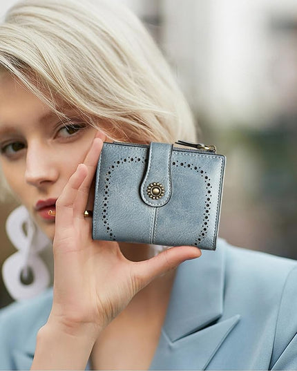 TFKGS Small RFID Blocking Wallet for Women - Leather Slim Bifold Compact Credit Card Holder With ID Window and Zipper Coin Pocket - Blue Birthday