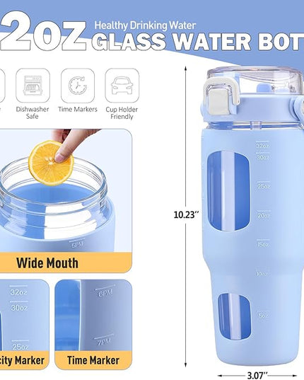 BLUEGO 32oz Glass Tumbler with Lid and Handle, Iced Coffee Cup with Straws, Glass Water Bottle with Silicone Sleeve and Volume, Marker Glass Cup with Time Marking, BPA Free, Blue