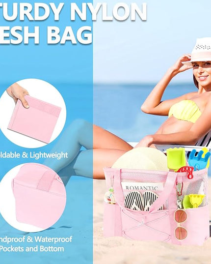 Mesh Beach Bag, Large Beach Tote with Zipper Pocket, Toys Pool Bag for Family Travel Vacation Cruise Essentials
