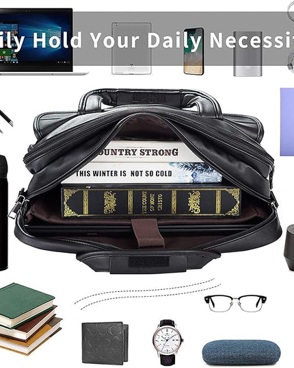 seyfocnia Men's Business Travel Briefcase Leather Handmade Messenger Bags Laptop Bag
