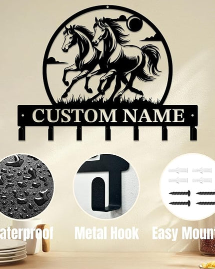 Personalized Custom Name Farm Horse Wall Key Hooks,Metal Horse Art Clothes Hooks,Metal Horse Wall Home Storage Decorative,For Front Door, Hallway, Kitchen, Bedroom,Keys,Hats (Style M)