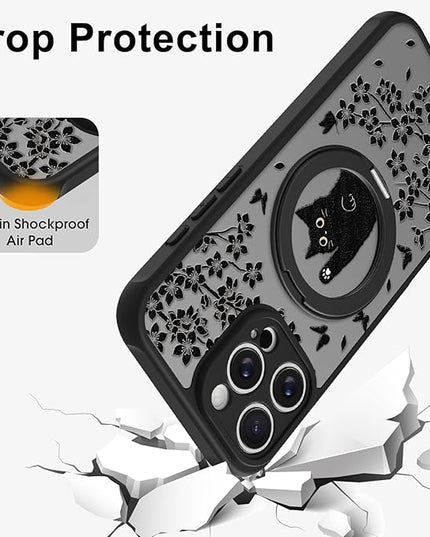 Cute Case for iPhone 16 Pro Max Case with Stand [ Compatible with MagSafe ] Kawaii Black Cat & Floral & Butterflies Pattern Design 360 Magnetic Ring Kickstand Phone Cover for Women Girls Boys