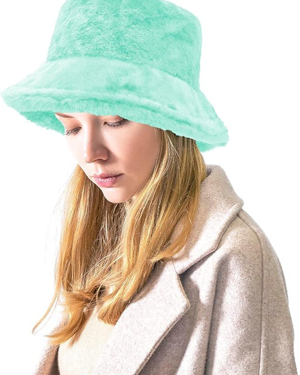 Women Plush Fluffy Bucket Hat Warm Lining Winter Faux Fur Cozy Wide Brim Winter