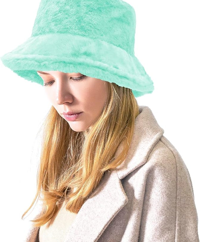 Women Plush Fluffy Bucket Hat Warm Lining Winter Faux Fur Cozy Wide Brim Winter
