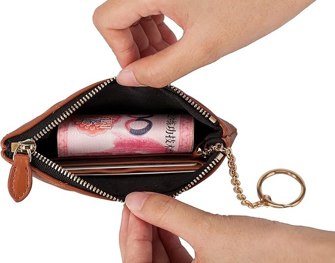DORIS&JACKY Soft Lambskin Leather Coin Purse Small Quilted RFID Blocking Top Zipper Wallet With Key Chain