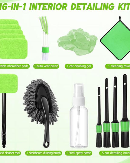 16 Pcs Windshield Cleaner Tool, Car Cleaning Kit with Various Detailing Brushes Set Spray Bottle Cleaner Towel Cleaning Gel Accessories Car Interior Detailing Kit for Windows Vents(Green)
