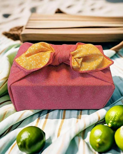 Furoshiki Japanese Wrapping Cloth Eco Gift Wrap Paper Reversible Cherry blossoms Eco-bag Christmas birthday Bento Lunch Box Wine Bottle Box Kimono Cover (Red and Yellow, 27.6 x 27.6 inches)