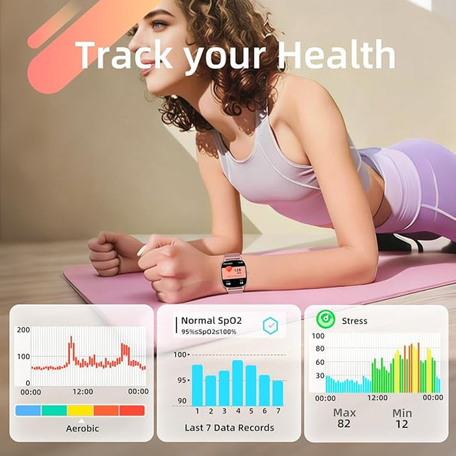 Smart Watch for Women, Answer/Make Call,1.85'' Ultra-Clear Screen Fitness Tracker with Heart Rate/Sleep/SpO2 Monitor,Smartwatch for iPhone/Samsung/Android,120+ Sport Modes,IP68 Waterproof with 2 Bands