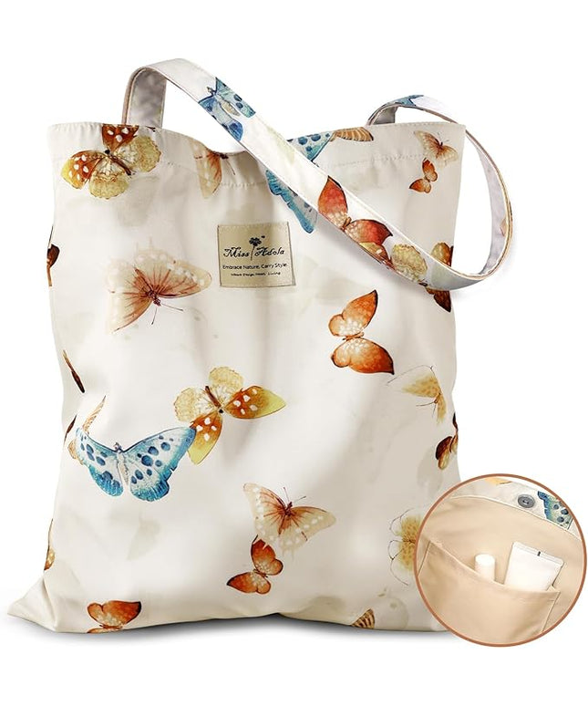 Aesthetic Cotton Tote Bag for Women - Reusable Shoulder Bag with Buckle Fabric Bag for Gym, Travel, Work