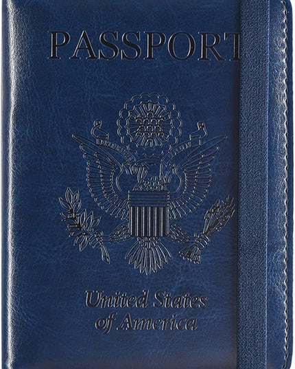 ACdream Passport Holder Cover, Leather Travel Wallet Case, RFID Blocking Document Organizer Protecrtor, with Slots for Credit Cards, Boarding Pass, for Women and Men, Navy Blue