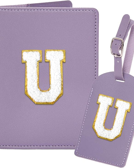 Initial Passport Cover Holder and Luggage tag Set,PU Leather Passport Case Travel Suitcase Tag with Letter Patch, Personalized Travel Luggage Accessories Gifts for Women Grils Teenage Purple Letter U