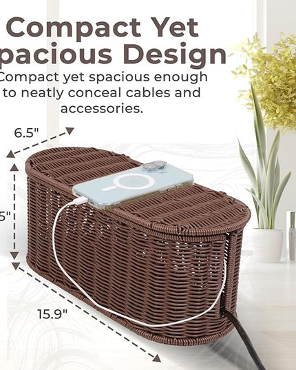 Cable Management Box, Handmade Rattan Cable Organizer, 2 Open Slots Cords Hider Box, Under Desk Cord Organizer for Computer Router USB Hub & Power Strip, Patent Pending, 15.9" x 6.5" x 6.5", Brown