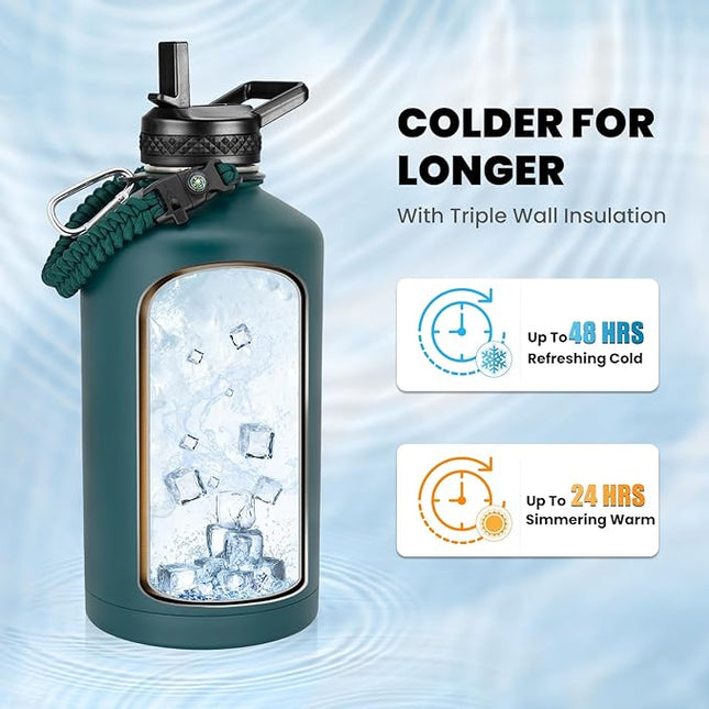 One Gallon Water Bottle Insulated, Triple Walled Vacuum Stainless Steel (Cold for 48 Hrs), Leak Proof & Non-BPA, Large Water Flask Jug with Paracord Handle & Straw Spout Lids