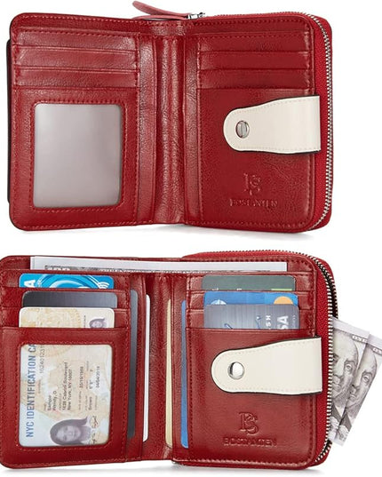 BOSTANTEN Leather Wallets for Women RFID Blocking Zipper Pocket Small Bifold Wallet Card Case Floral Red