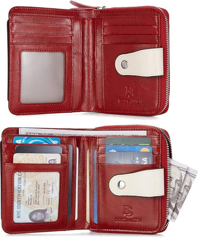 BOSTANTEN Leather Wallets for Women RFID Blocking Zipper Pocket Small Bifold Wallet Card Case Floral Red