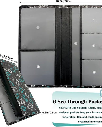 Car Registration and Insurance Holder with Magnetic Closure, Universal Document Organizer for License, Insurance Cards & Glove Box Storage (Leopard-Green and Silver)