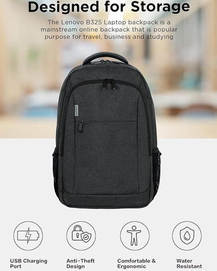 Lenovo B325 Laptop Backpack, Grey, 17-Inch, Water-Resistant Travel Backpack with External USB Port, Anti-Theft Design, Luggage Strap, for Men & Women, Perfect for Work, School, and Travel