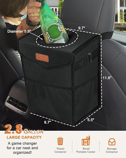 Car Trash Can with Lid, Cute Leakproof Car Trash Garbage Bag Hanging Vehicle Trash Bin Small Portable Automotive Garbage Cans Organizer for Back/Front Seat/Console(2.8 Gallons,Black)