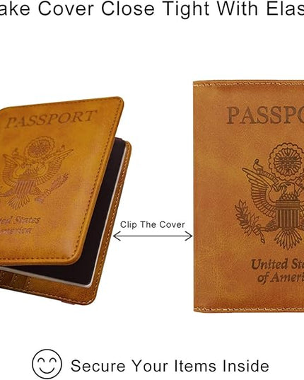 WALNEW Passport Holder for Travel, RFID Passport Cover Wallet for Women Men, PU Leather Passport Book Card Holder Case with Pen (Elastic Band Closure, AA-Brown+Blue)