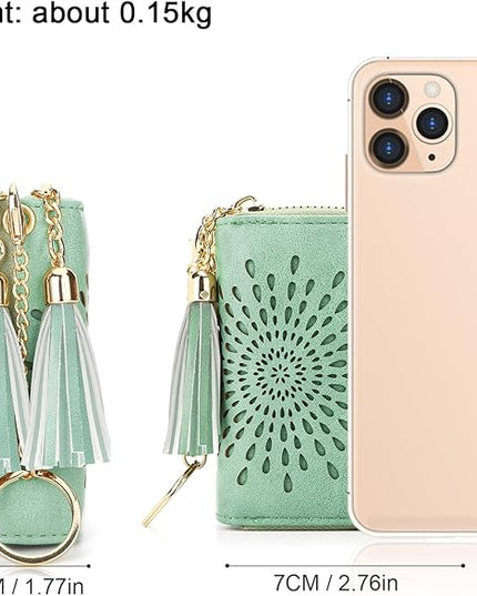 APHISON RFID Credit Card Holder Zipper Card Case Small Wallets for Women Leather Sunflower Style Ladies Girls Credit Card Case Double-Zip Peppermint-Mambo-Green