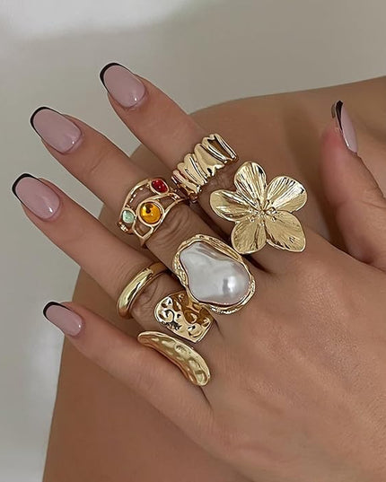 Chunky Gold Rings for Women Non Tarnish Statement Flower Ring Baroque Pearl Stackable Rings Set 6Pcs Chunky Jewelry