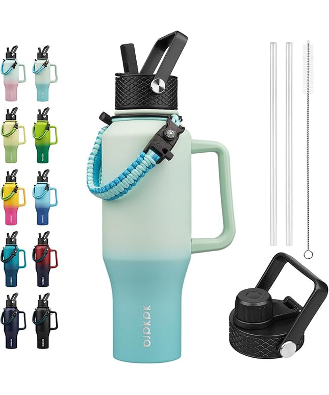 BJPKPK Insulated Water Bottles with Straw Lid, 35oz Metal Water Bottle with 2 lids & Paracord Strap, Double Wall Stainless Steel Tumbler with Handle, Reusable Cups, Mugs, Thermo, Mint