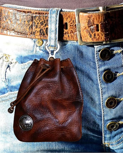 Wugebud 1 Pcs Leather Mini Medieval Pouch Keychain, Coin Organizer, Change Holder, Leather Drawstring Pouch for Men & Women