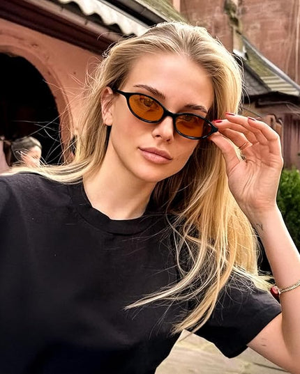 FEISEDY Retro Oval Cat Eye Sunglasses for Women 90s Narrow Lightweight Shades Y2k Trendy Sunnies B0257