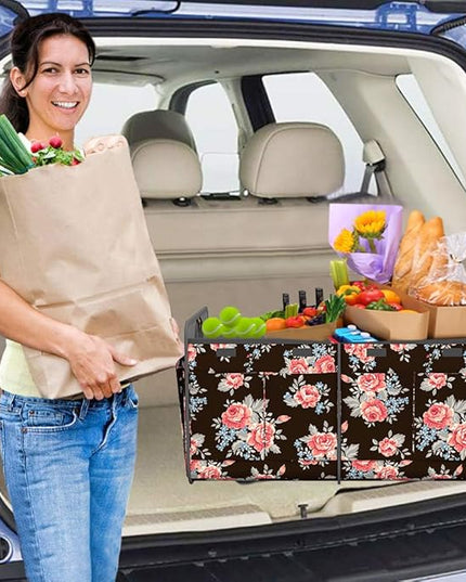 Homeve Trunk Organizer, Car Storage, Reinforced Handles, Collapsible Multi-Compartment, Foldable, Waterproof, Sturdy, 600D Oxford Polyester For Car, SUV, Mini-Van, Peony, 2 Compart