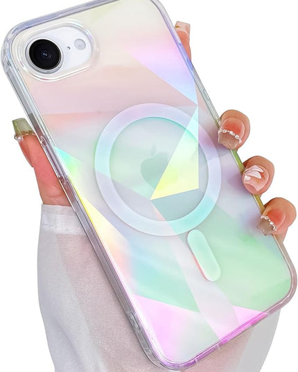 Cute Case for iPhone 16e Case for Women Girls [ Compatible with Magsafe ] Clear Glitter Girly Aesthetic Rainbow Sparkly Bling Magnetic Phone Cover, Iridescent Geometry
