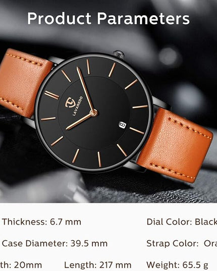 L LAVAREDO Watch for Men, Extremely Thin Mens Watches Minimalist Analog Men's Leather Wrist Watches with Time/Date, Birthday Gift for Men Boyfriend