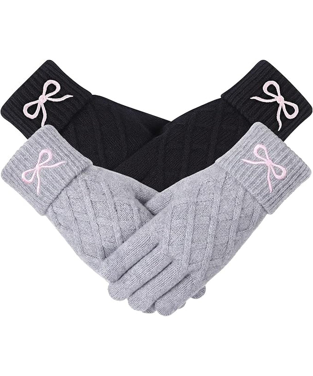 Liitrsh Women Winter Gloves with Embroidery Bow Touchscreen Warm Elastic Knit Lining Gloves for Cold Weather Gift