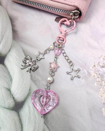 Keychain for Women Gold Bow Angel Wings KeyChains Novel Star Heart Strawberry Racket Pendants Bag Charm Key Chains