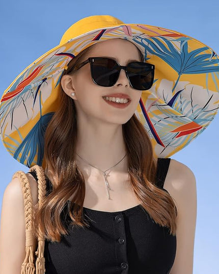 HUAMULAN Women Summer Sun Hat Wide Brim Wired Edge Floral Beach Bucket Hats Reversible Foldable Travel UV Protection Lady Hat